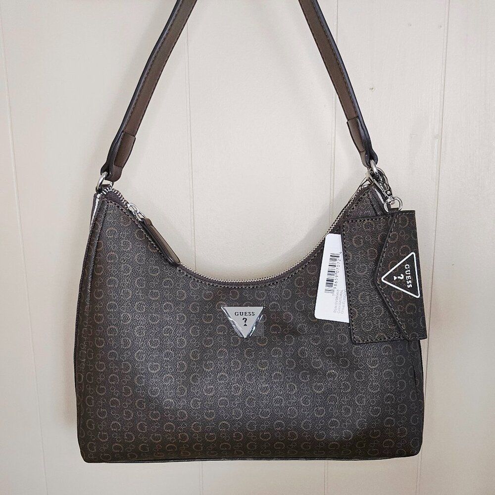 Guess Brown Monogram Shoulder Bag with Silver Hardware